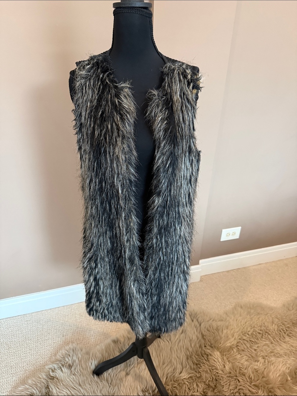 Live a Little Faux Fur Long Vest in Black and Gray